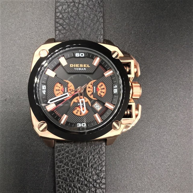 Diesel BAMF Men's Watch DZ7346 316L rose gold-tone stainless steel & genuine leather strap 10ATM (100m) water resistant Japan movement with a chronograph and date function