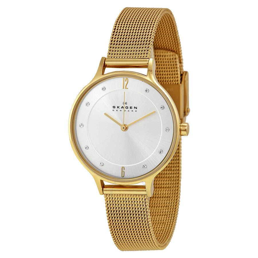 Skagen Anite Silver Dial Gold-tone Mesh Ladies Watch SKW2150 - The Watches Men & Co
