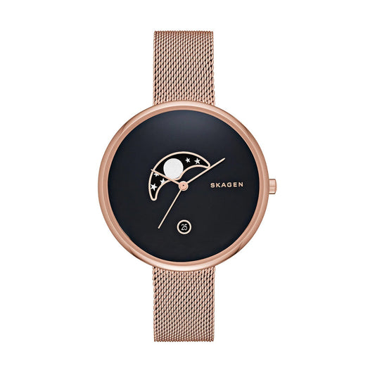 Skagen Gitte Black Dial Rose Gold Mesh Ladies Watch SKW2371