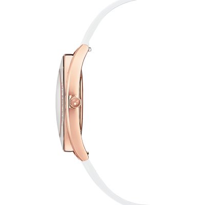 Side profile of Swarovski Crystalline Aura watch showing rose-gold case and white strap
