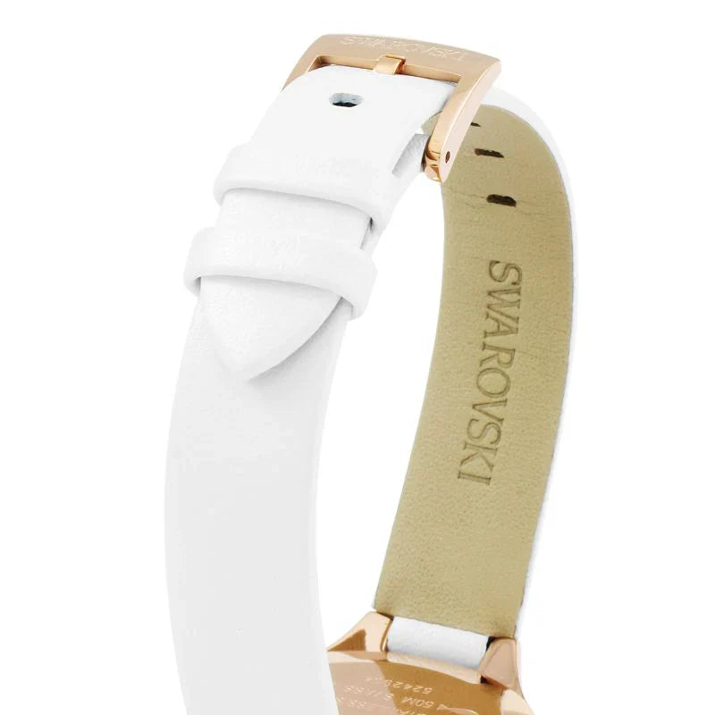 Swarovski Lovely Crystals white leather strap with rose gold buckle and branded suede backing