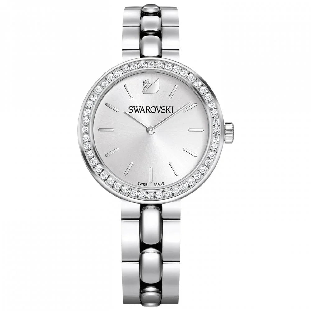 Swarovski Octea Sport watch with white dial, faceted crystal bezel, and stainless steel bracelet