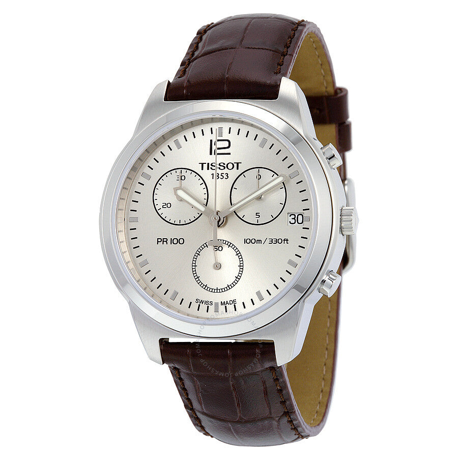 Tissot PR100 Chronograph Silver Dial Brown Leather Men's Watch T0494171603700 - The Watches Men & Co