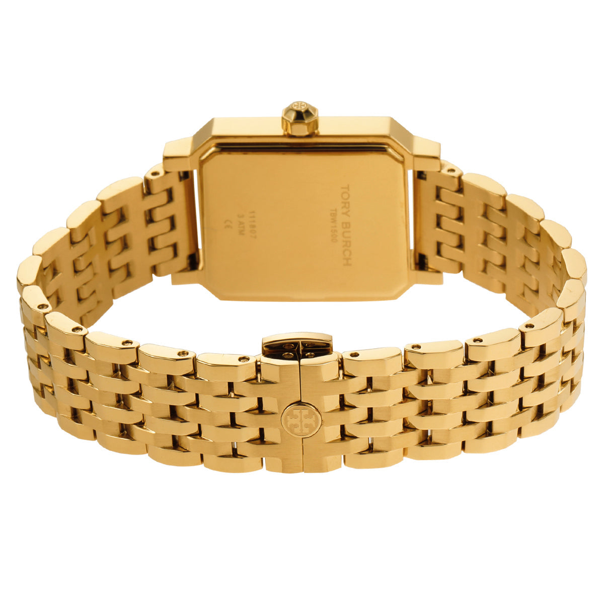 Tory Burch Robinson gold stainless steel watch caseback view with gold metal surface and logo detail
