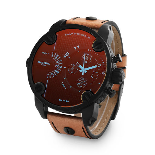 Diesel Little Daddy DZ7408 316L black stainless steel & genuine leather strap 3ATM (30m) water resistant Dual Time zones (GMT)