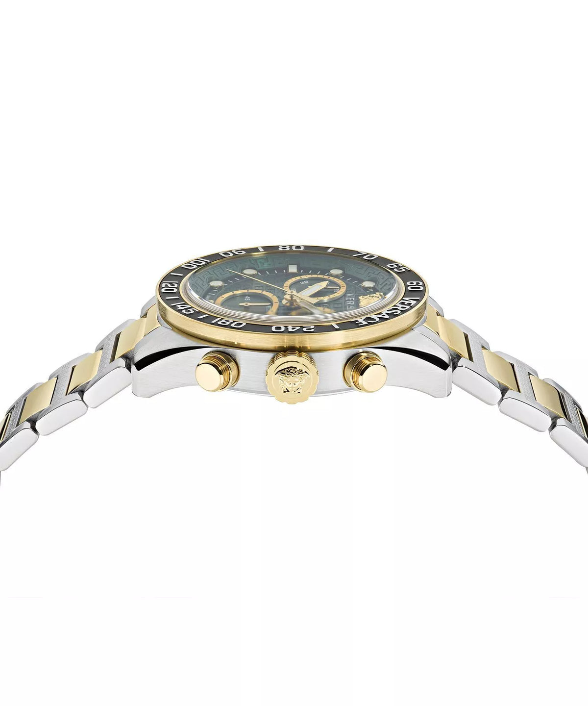 Side profile view of two-tone Versace watch with gold and steel bracelet