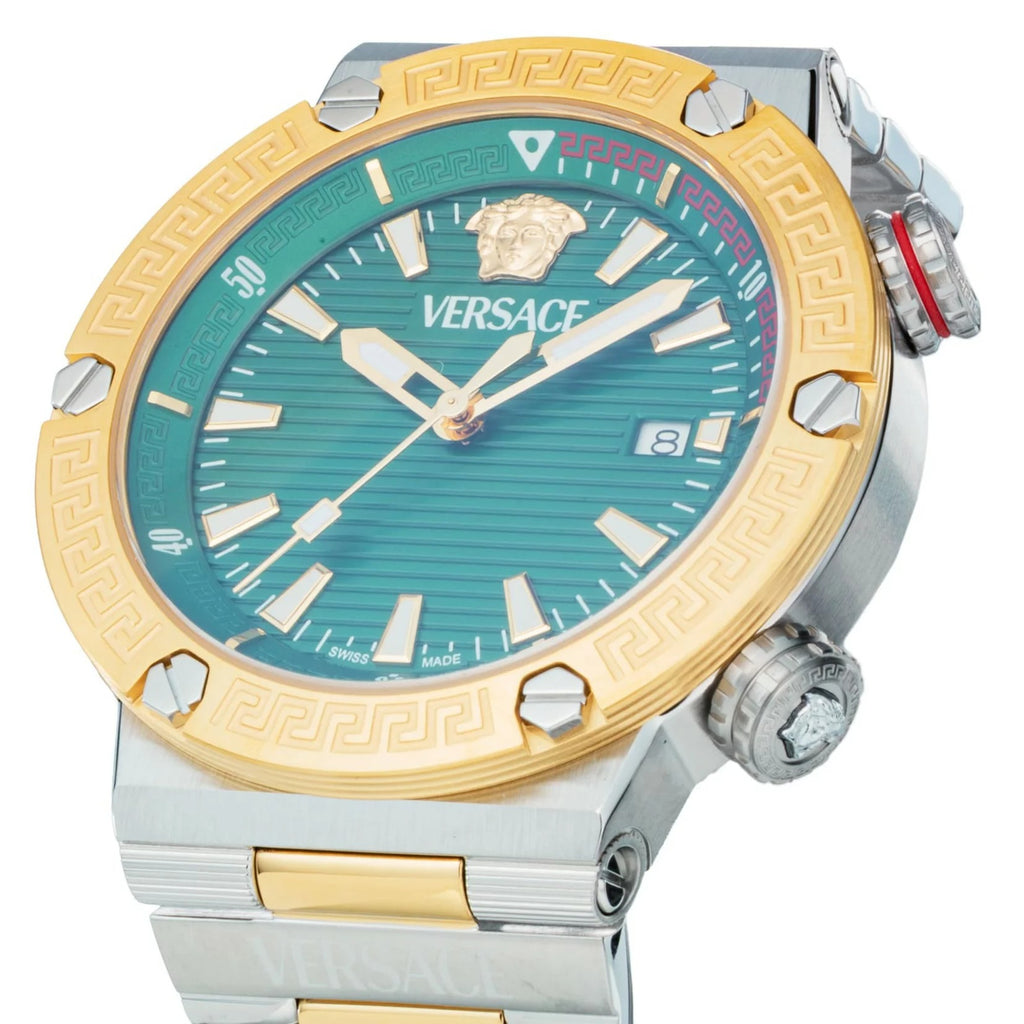 Versace Greca Logo Diver Quartz Green Dial Two Tone Steel Strap Men's Watch - VE8G00524