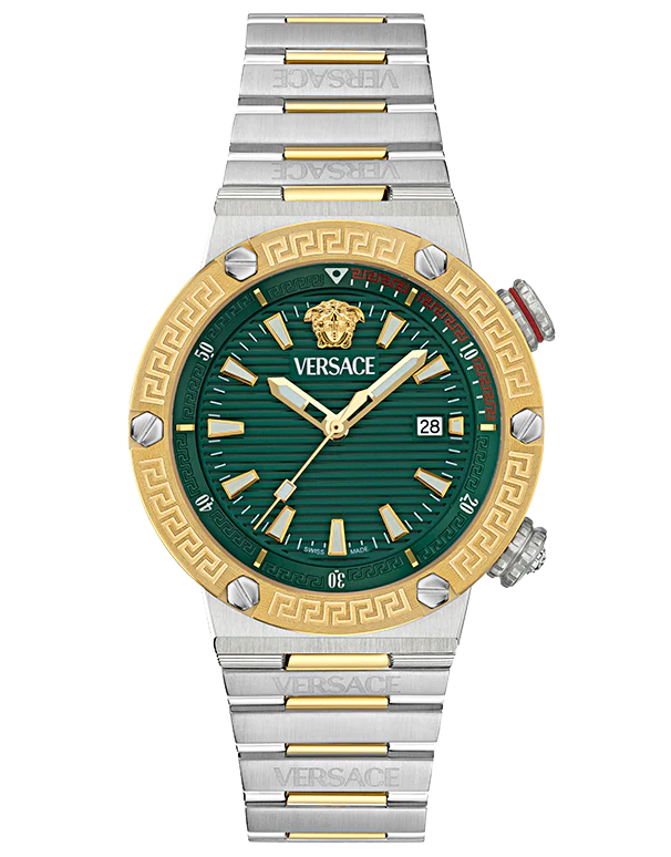 Versace Greca Logo Diver Quartz Green Dial Two Tone Steel Strap Men's Watch - VE8G00524