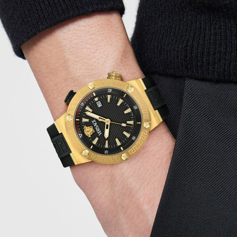 Versace Greca Logo DIVER Black Dial Black Strap Swiss Movt Gold Watch - VE8G00324
