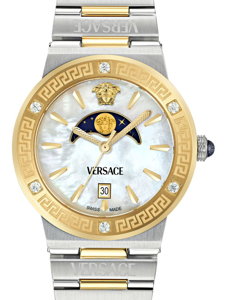 Versace Greca Logo Moonphase Mother of Pearl Dial Two Tone Women's Watch - VE7G00524