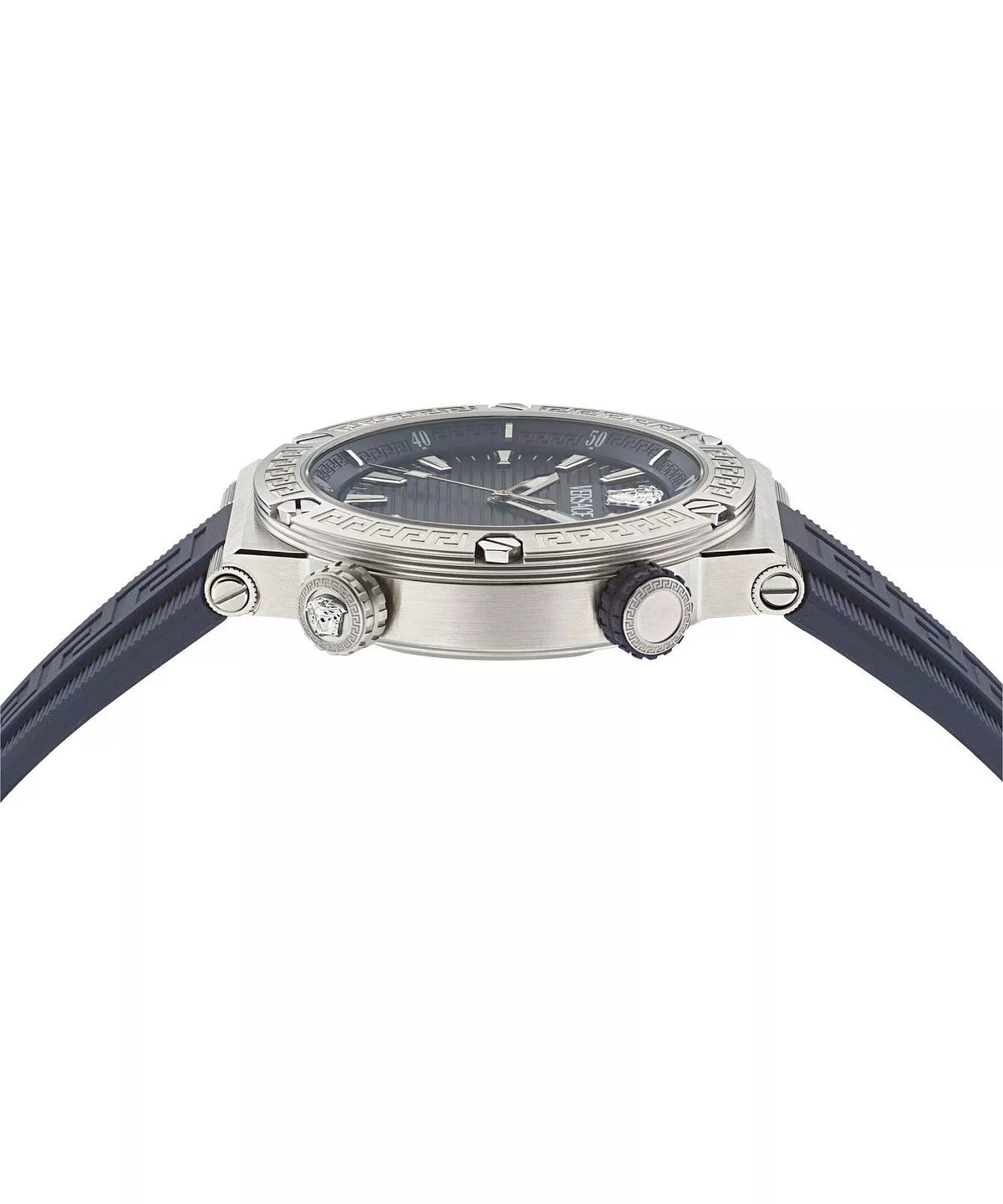 Side profile view of Versace Greca watch showing silver case and crown