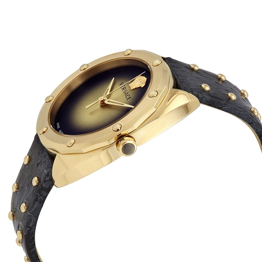 Versace Shadov watch showing side profile with gold case and black leather strap