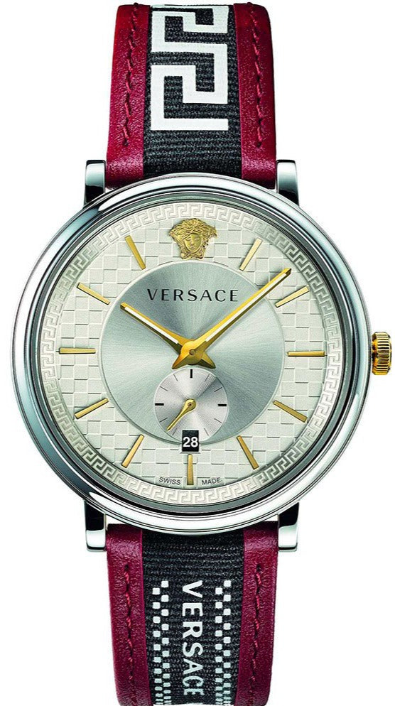Versace V Circle Silver Dial Two Tone Leather Strap Men's Watch - VEBQ01319