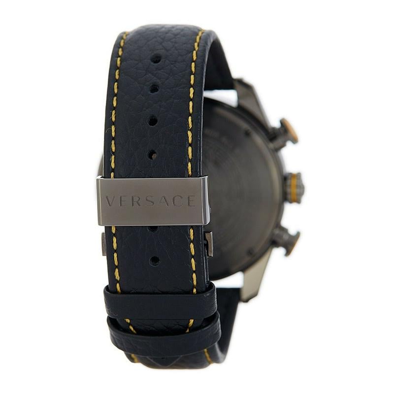 Versace V-Ray watch strap detail showing black leather with gold stitching and metal clasp